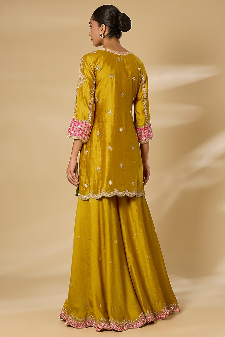 Mustard Spun Silk Embroidered Wedding Sharara Set by SURBHI SHAH at Pernia's Pop Up Shop