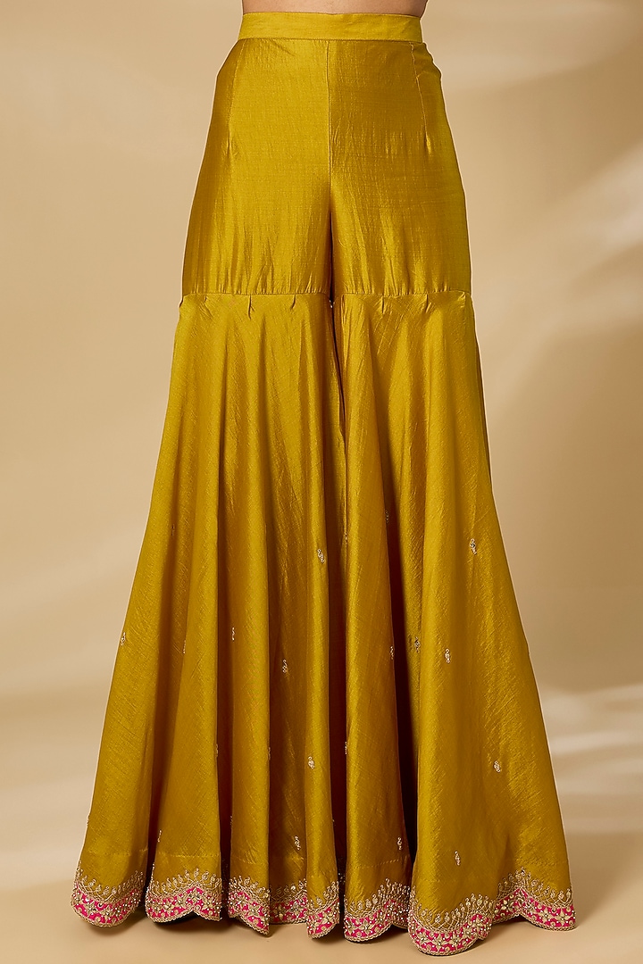 Mustard Spun Silk Embroidered Wedding Sharara Set by SURBHI SHAH at Pernia's Pop Up Shop