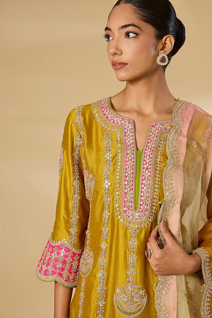 Mustard Spun Silk Embroidered Wedding Sharara Set by SURBHI SHAH at Pernia's Pop Up Shop