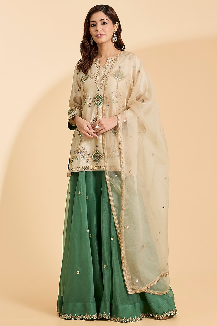 Pearl White Spun Silk Gota & Marori Work Kurta Set by Surbhi Shah at Pernia's Pop Up Shop