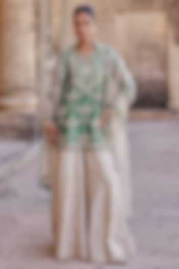 Pearl White Spun Silk Marori Work Wedding Sharara Set by SURBHI SHAH at Pernia's Pop Up Shop