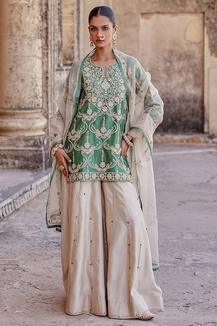 Pearl White Spun Silk Marori Work Wedding Sharara Set by SURBHI SHAH at Pernia's Pop Up Shop