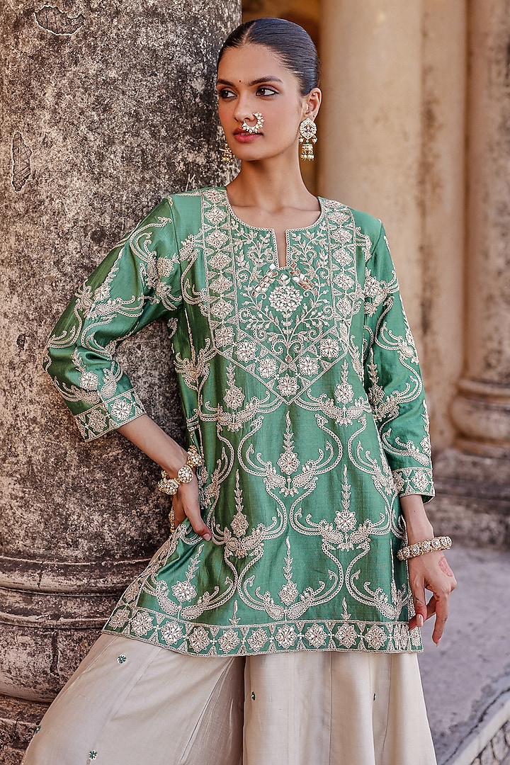 Pearl White Spun Silk Marori Work Wedding Sharara Set by SURBHI SHAH at Pernia's Pop Up Shop