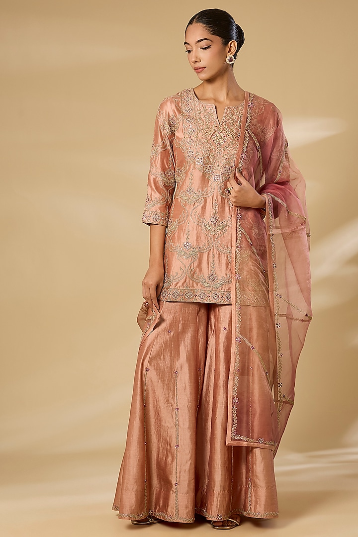 Old Rose Spun Silk Wedding Sharara Set by SURBHI SHAH at Pernia's Pop Up Shop