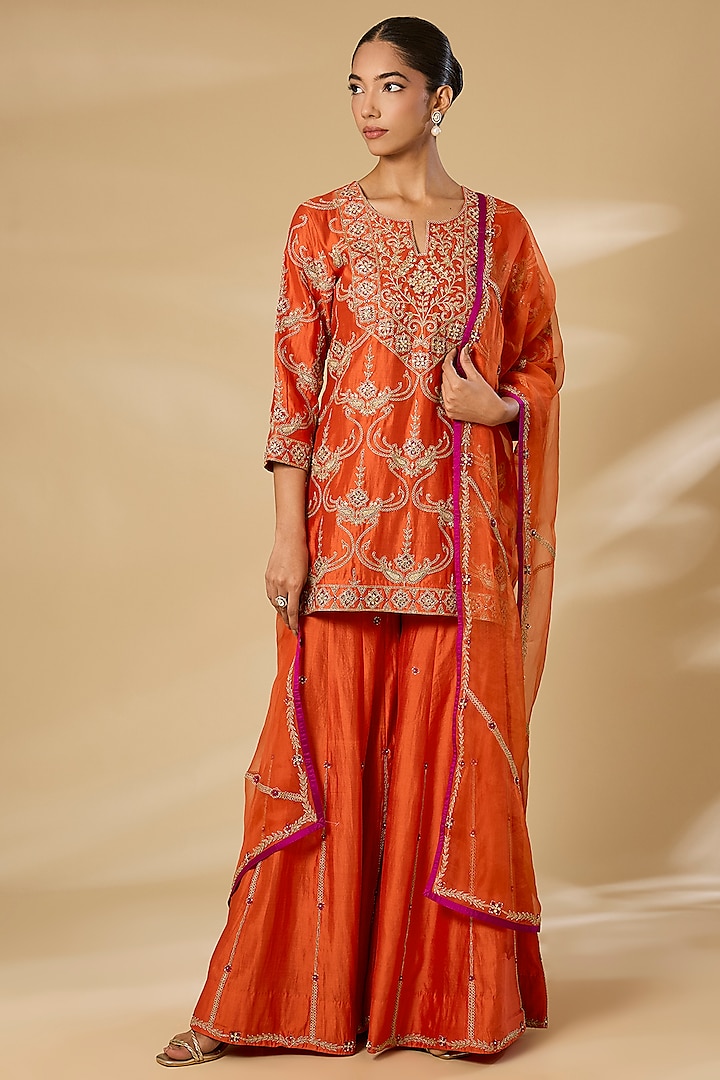 Orange Spun Silk Wedding Sharara Set by SURBHI SHAH at Pernia's Pop Up Shop