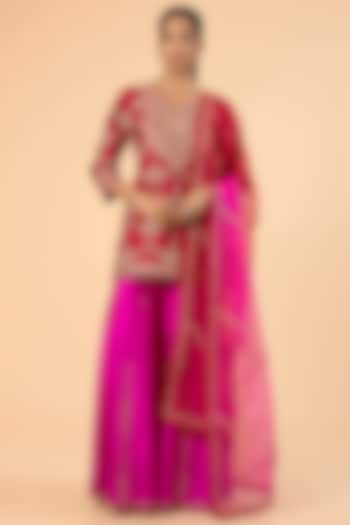 Red & Rani Spun Silk Marori & Gota Embroidered Wedding Sharara Set by SURBHI SHAH at Pernia's Pop Up Shop