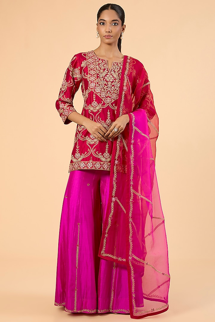 Red & Rani Spun Silk Marori & Gota Embroidered Wedding Sharara Set by SURBHI SHAH at Pernia's Pop Up Shop