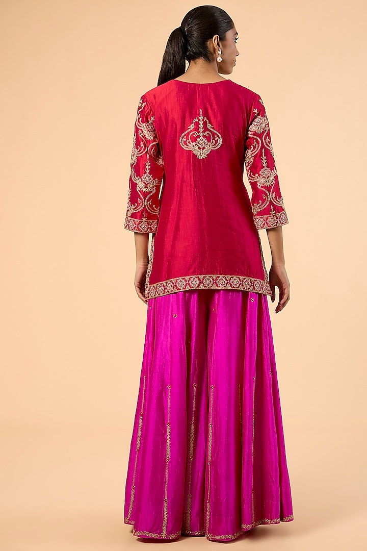 Red & Rani Spun Silk Marori & Gota Embroidered Wedding Sharara Set by SURBHI SHAH at Pernia's Pop Up Shop