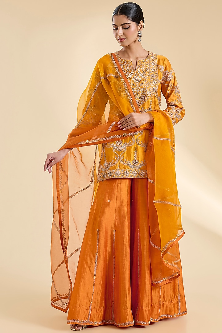Mango Yellow Spun Silk Gota Work Wedding Sharara Set by SURBHI SHAH at Pernia's Pop Up Shop