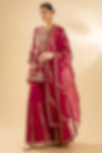 Maroon Spun Silk Gota Work Wedding Sharara Set by SURBHI SHAH at Pernia's Pop Up Shop