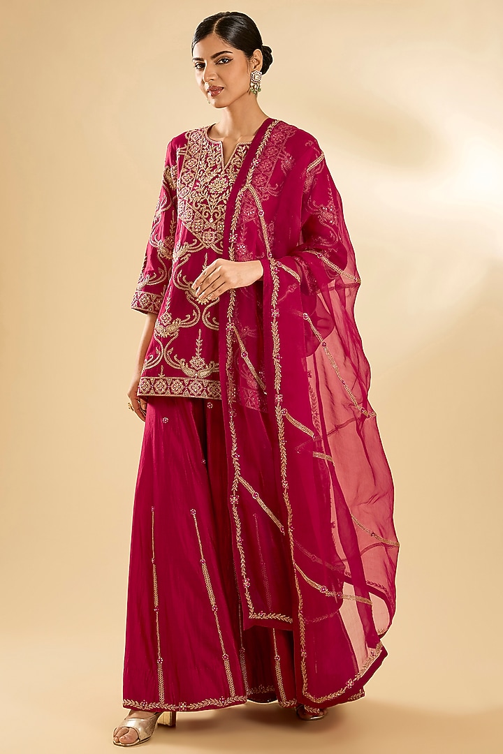 Maroon Spun Silk Gota Work Wedding Sharara Set by SURBHI SHAH at Pernia's Pop Up Shop