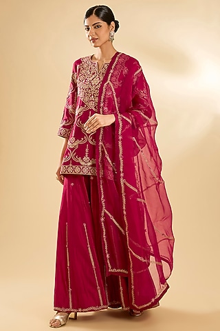 Maroon Spun Silk Gota Work Sharara Set by SURBHI SHAH