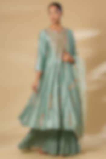 Sea Blue Spun Silk & Kora Silk Zardosi Work Bridal Anarkali Set by SURBHI SHAH at Pernia's Pop Up Shop