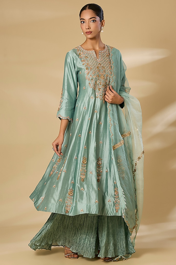 Sea Blue Spun Silk & Kora Silk Zardosi Work Bridal Anarkali Set by SURBHI SHAH at Pernia's Pop Up Shop
