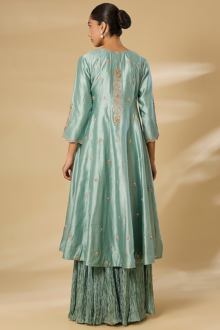 Sea Blue Spun Silk & Kora Silk Zardosi Work Bridal Anarkali Set by SURBHI SHAH at Pernia's Pop Up Shop