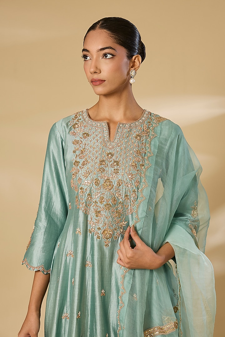 Sea Blue Spun Silk & Kora Silk Zardosi Work Bridal Anarkali Set by SURBHI SHAH at Pernia's Pop Up Shop