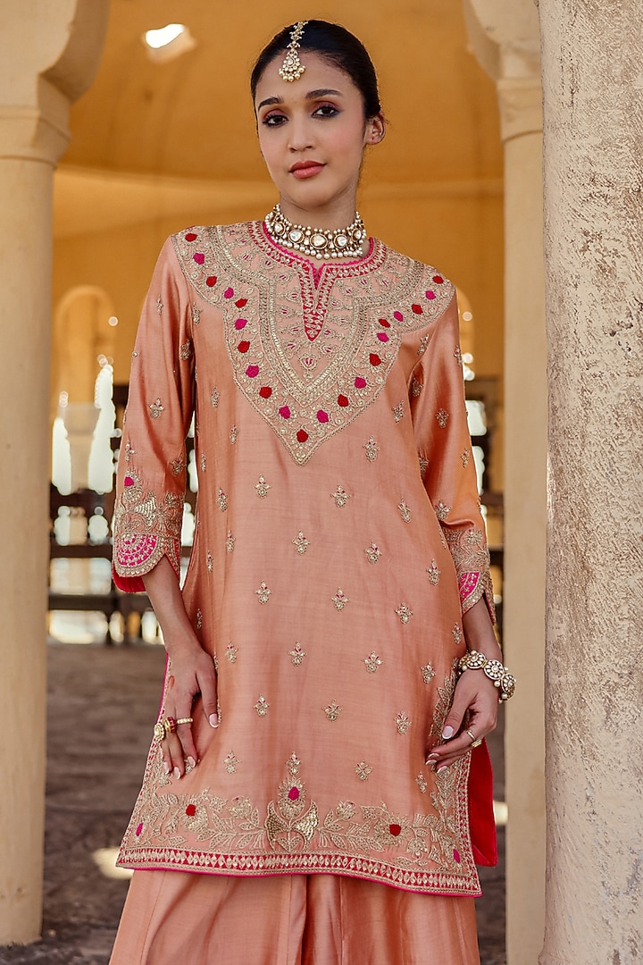 Old Rose Spun Silk Gota Work Kurta Set by Surbhi Shah at Pernia's Pop Up Shop
