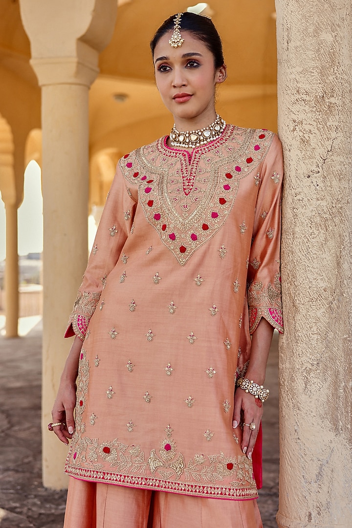 Old Rose Spun Silk Gota Work Kurta Set by Surbhi Shah at Pernia's Pop Up Shop