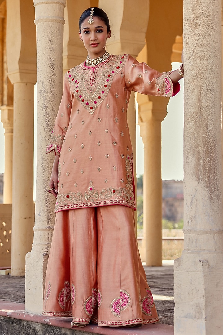 Old Rose Spun Silk Gota Work Kurta Set by Surbhi Shah at Pernia's Pop Up Shop
