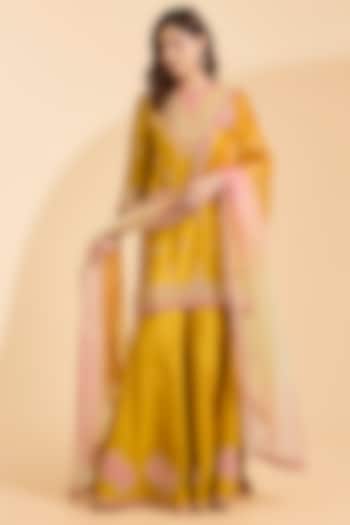 Mustard Spun Silk Patch Work Wedding Sharara Set by Surbhi Shah at Pernia's Pop Up Shop