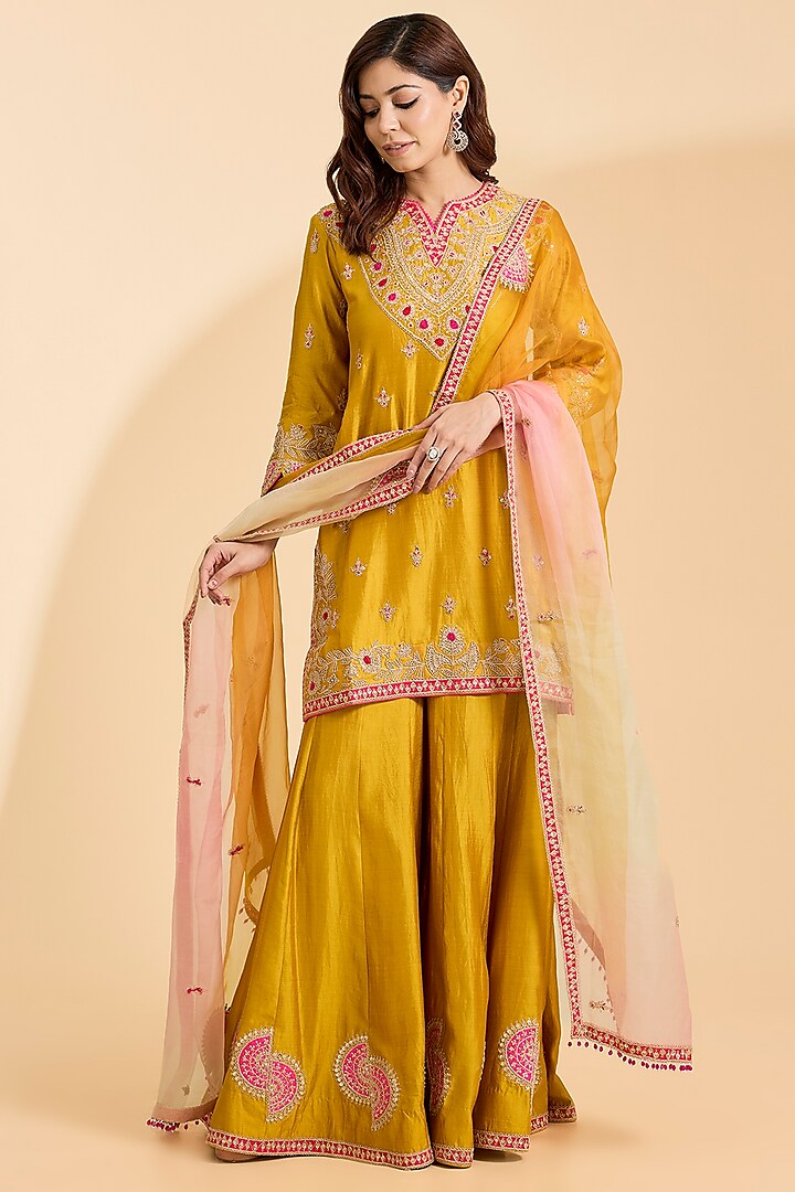 Mustard Spun Silk Patch Work Wedding Sharara Set by Surbhi Shah at Pernia's Pop Up Shop