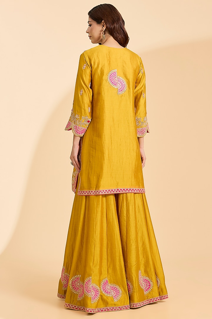 Mustard Spun Silk Patch Work Bridal Sharara Set by Surbhi Shah at Pernia's Pop Up Shop