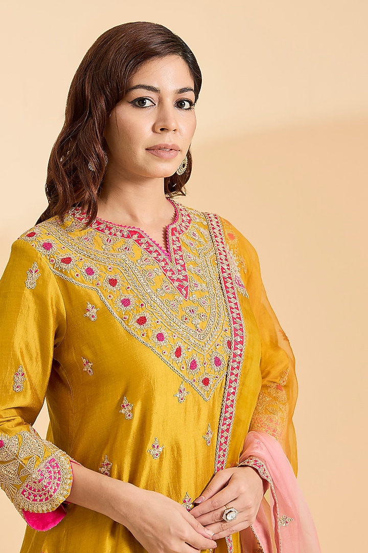 Mustard Spun Silk Patch Work Bridal Sharara Set by Surbhi Shah at Pernia's Pop Up Shop