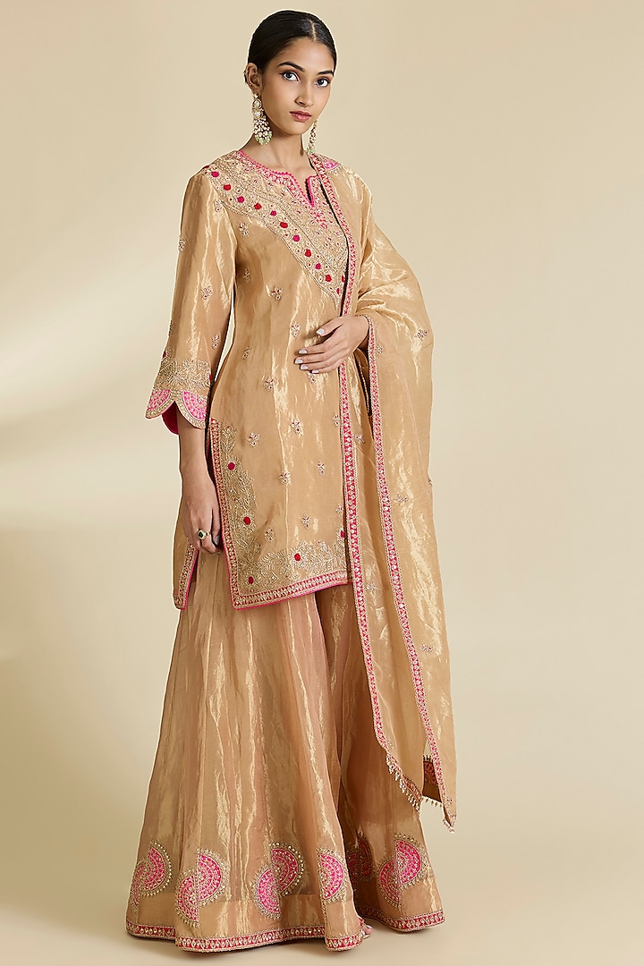 Golden Tissue Marori & Zardosi Work Bridal Sharara Set by SURBHI SHAH at Pernia's Pop Up Shop