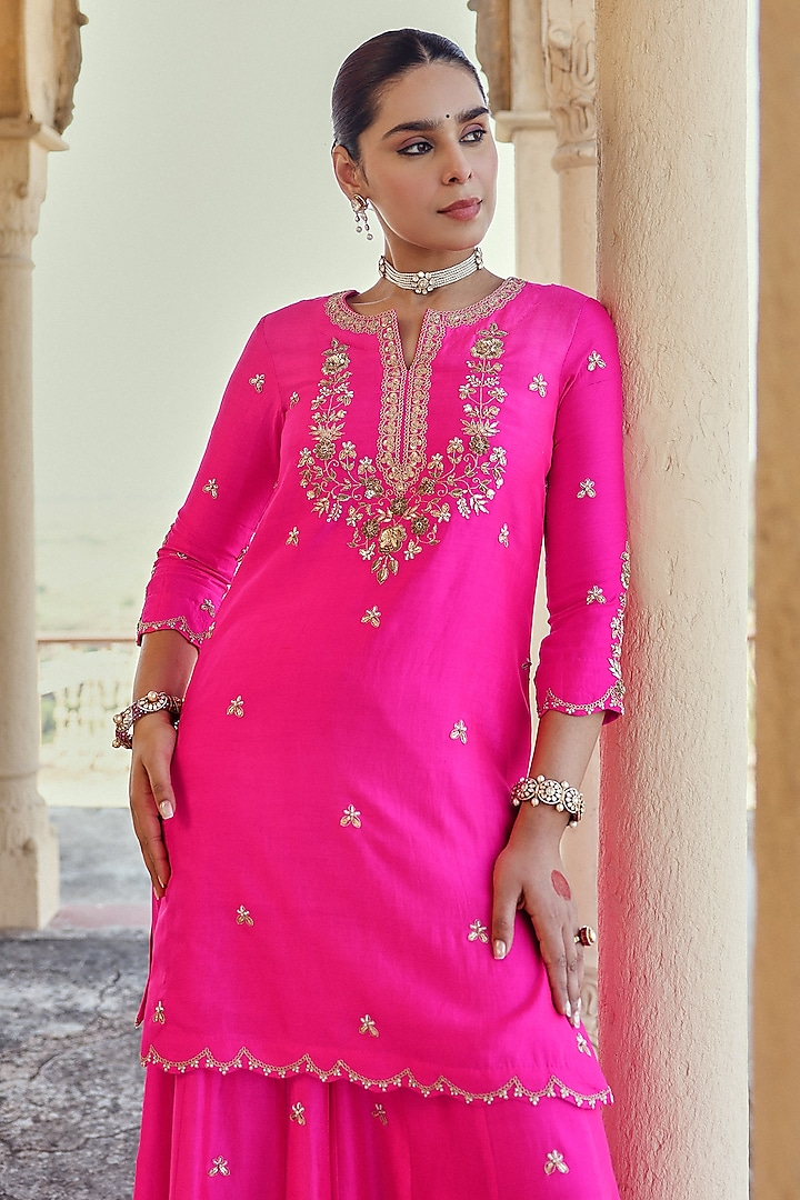 Gulabi Pink Spun Silk Zardosi Work Bridal Sharara Set by Surbhi Shah at Pernia's Pop Up Shop