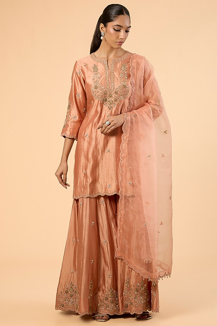 Old Rose Spun Silk Zardosi Embroidered Bridal Sharara Set by SURBHI SHAH at Pernia's Pop Up Shop