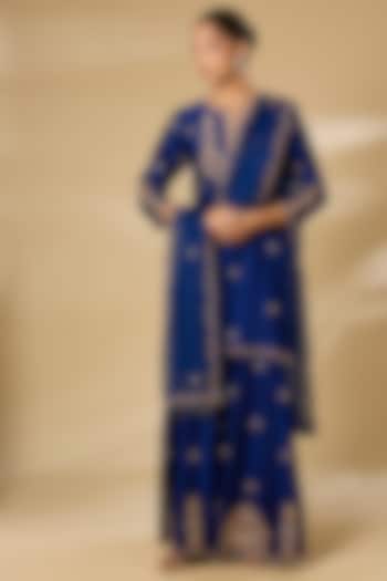 Navy Blue Spun Silk Embroidered Bridal Sharara Set by SURBHI SHAH at Pernia's Pop Up Shop