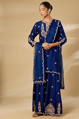 Navy Blue Spun Silk Embroidered Sharara Set by SURBHI SHAH
