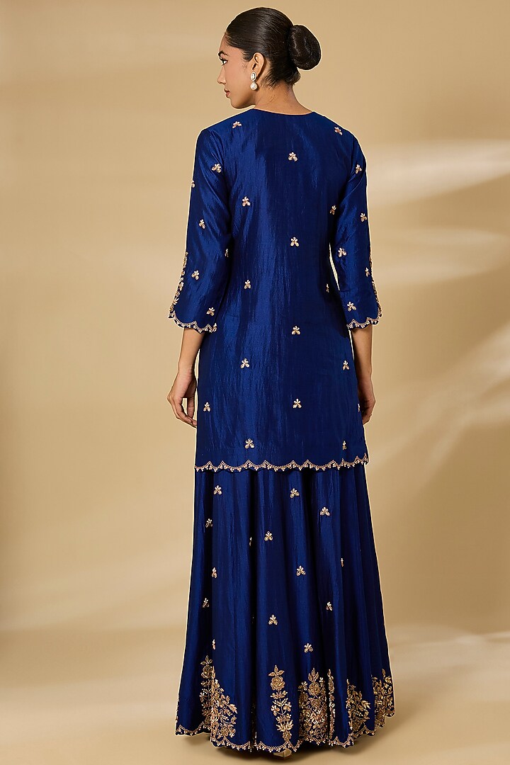 Navy Blue Spun Silk Embroidered Bridal Sharara Set by SURBHI SHAH at Pernia's Pop Up Shop
