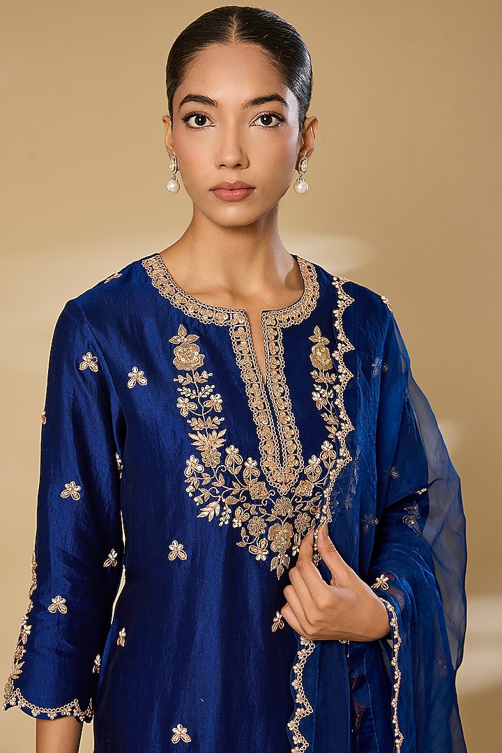 Navy Blue Spun Silk Embroidered Bridal Sharara Set by SURBHI SHAH at Pernia's Pop Up Shop