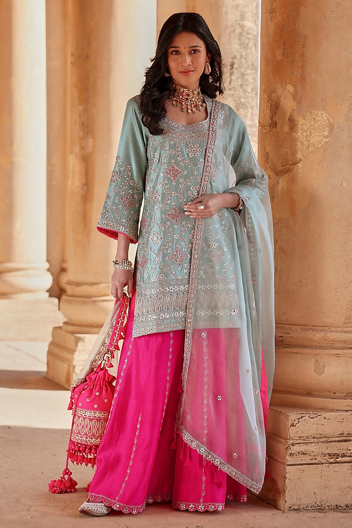 Hot Pink Spun Silk Gota Work Bridal Sharara Set by Surbhi Shah at Pernia's Pop Up Shop