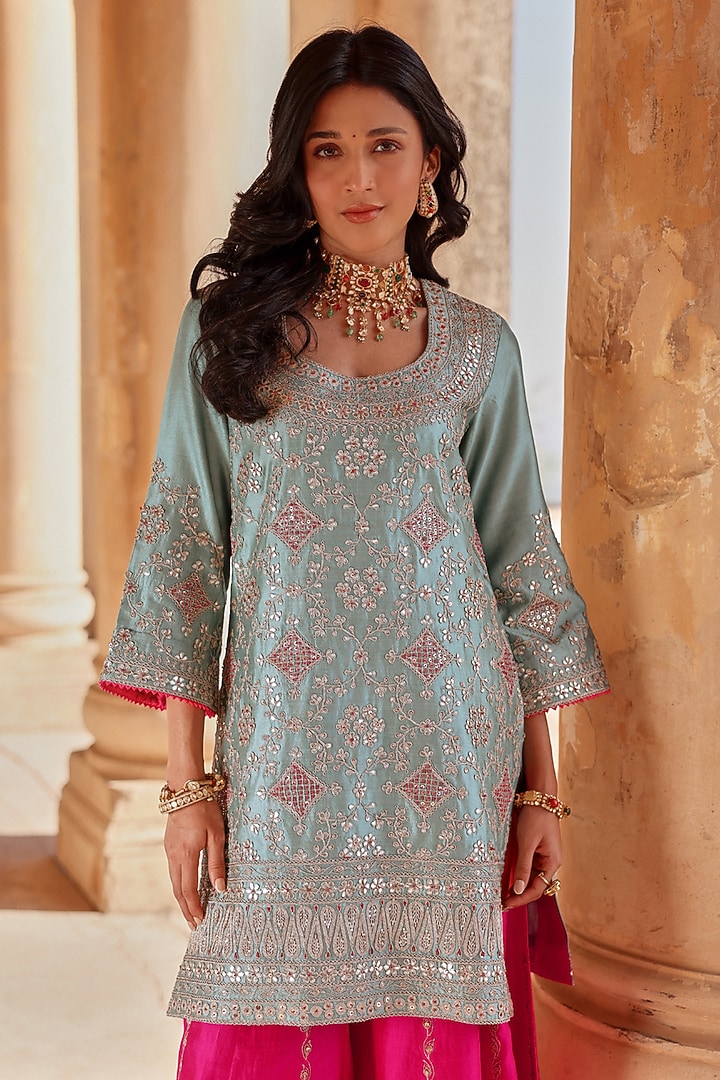 Hot Pink Spun Silk Gota Work Bridal Sharara Set by Surbhi Shah at Pernia's Pop Up Shop