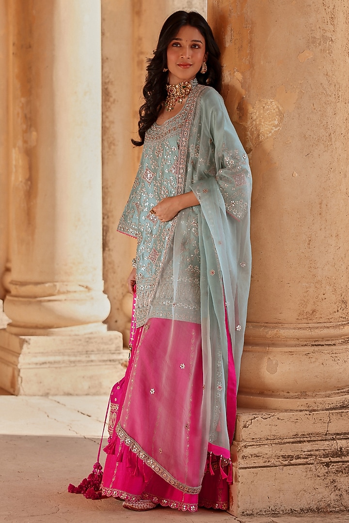Hot Pink Spun Silk Gota Work Bridal Sharara Set by Surbhi Shah at Pernia's Pop Up Shop