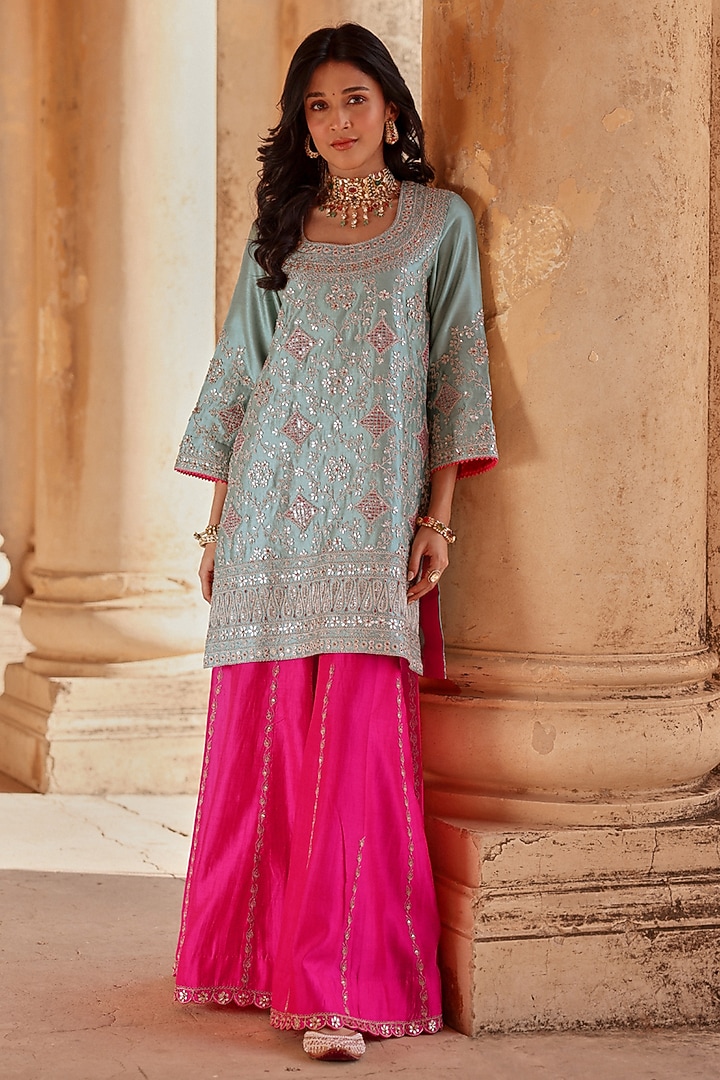 Hot Pink Spun Silk Gota Work Bridal Sharara Set by Surbhi Shah at Pernia's Pop Up Shop