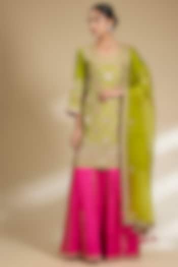 Parrot Green Spun Silk Gota Embroidered Kurta Set by SURBHI SHAH at Pernia's Pop Up Shop