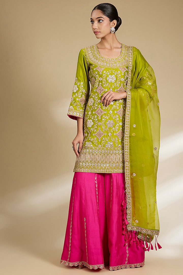 Parrot Green Spun Silk Gota Embroidered Kurta Set by SURBHI SHAH at Pernia's Pop Up Shop