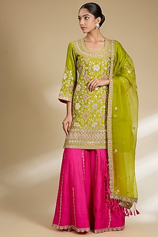 Parrot Green Spun Silk Gota Embroidered Kurta Set by SURBHI SHAH