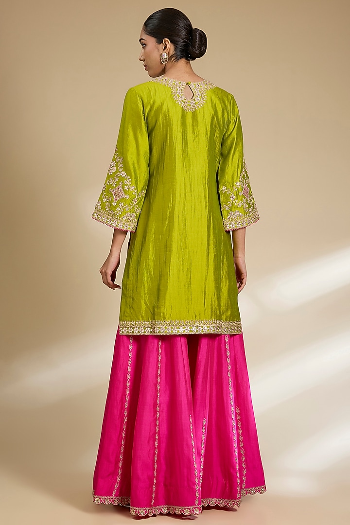 Parrot Green Spun Silk Gota Embroidered Kurta Set by SURBHI SHAH at Pernia's Pop Up Shop