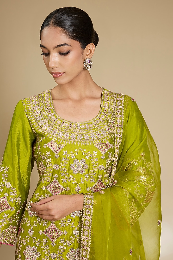 Parrot Green Spun Silk Gota Embroidered Kurta Set by SURBHI SHAH at Pernia's Pop Up Shop