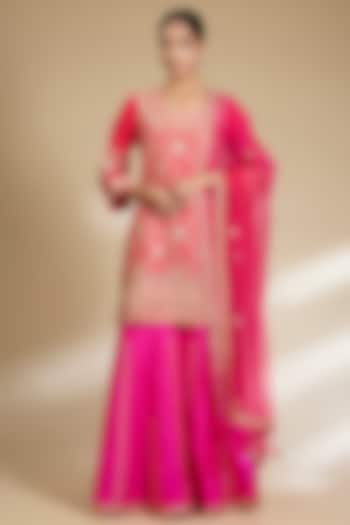 Strawberry Red Spun Silk Gota Embroidered Kurta Set by SURBHI SHAH at Pernia's Pop Up Shop