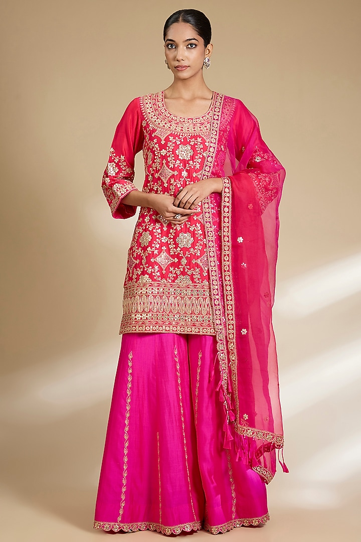 Strawberry Red Spun Silk Gota Embroidered Kurta Set by SURBHI SHAH at Pernia's Pop Up Shop