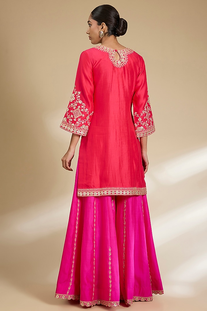 Strawberry Red Spun Silk Gota Embroidered Kurta Set by SURBHI SHAH at Pernia's Pop Up Shop