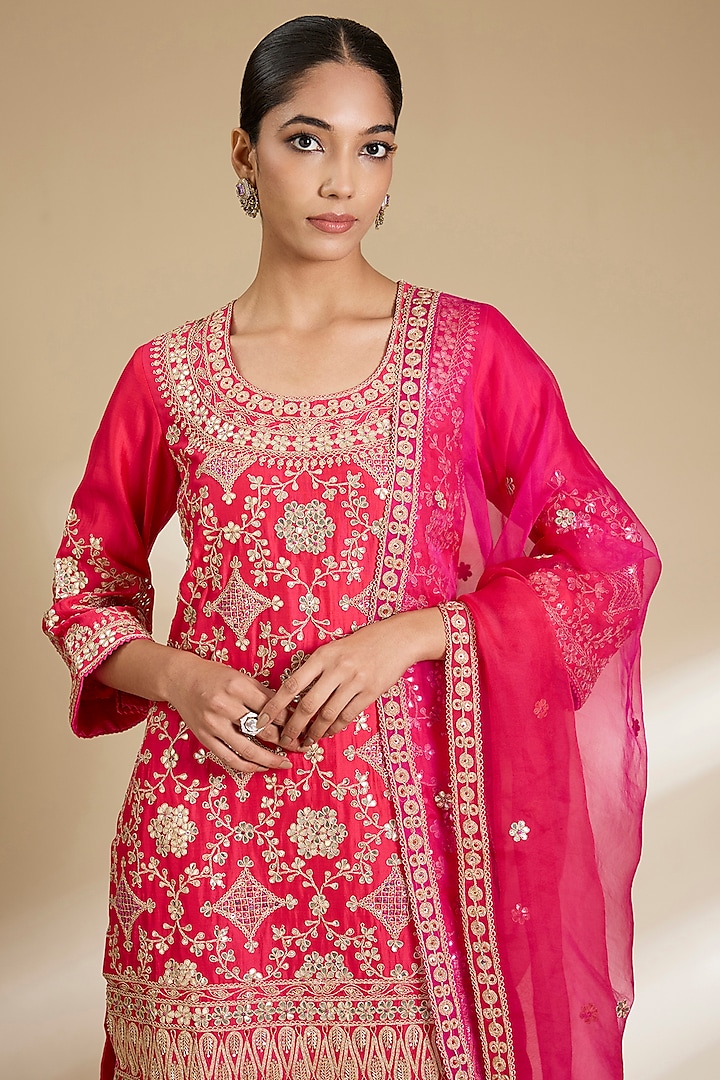 Strawberry Red Spun Silk Gota Embroidered Kurta Set by SURBHI SHAH at Pernia's Pop Up Shop