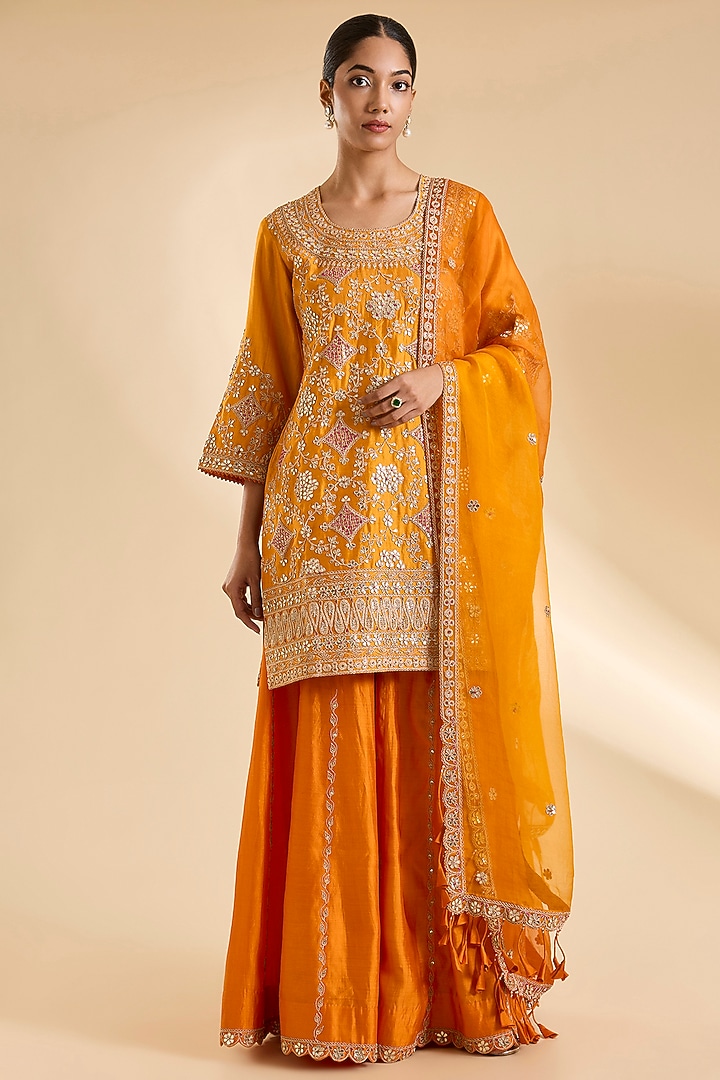 Mango Yellow Spun Silk Gota & Marori Work Kurta Set by SURBHI SHAH at Pernia's Pop Up Shop