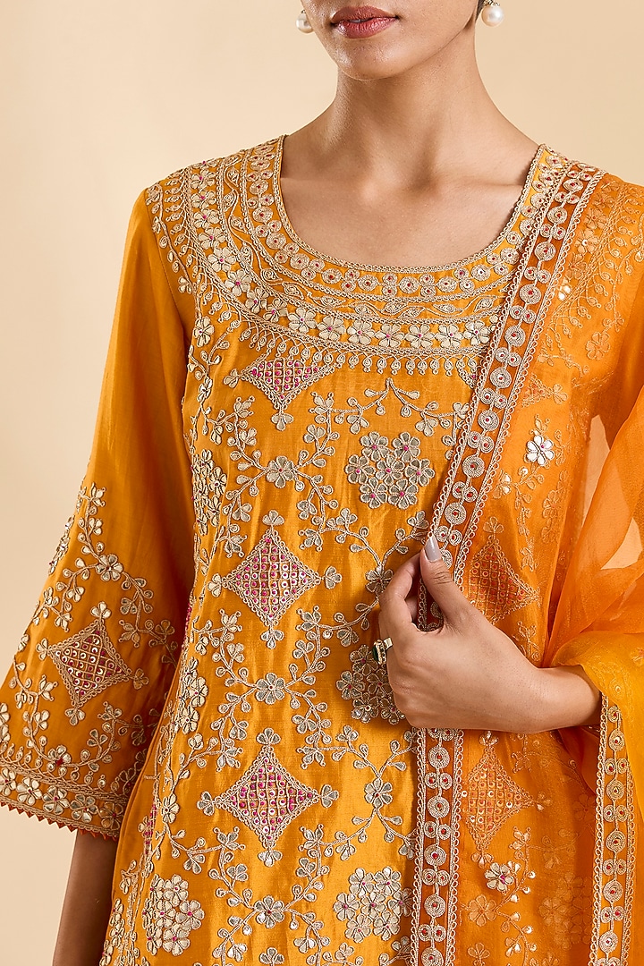 Mango Yellow Spun Silk Gota & Marori Work Kurta Set by SURBHI SHAH at Pernia's Pop Up Shop