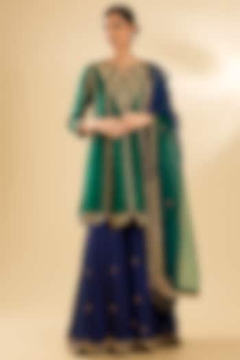 Navy Blue Spun Silk Zardosi Work Bridal Sharara Set by SURBHI SHAH at Pernia's Pop Up Shop